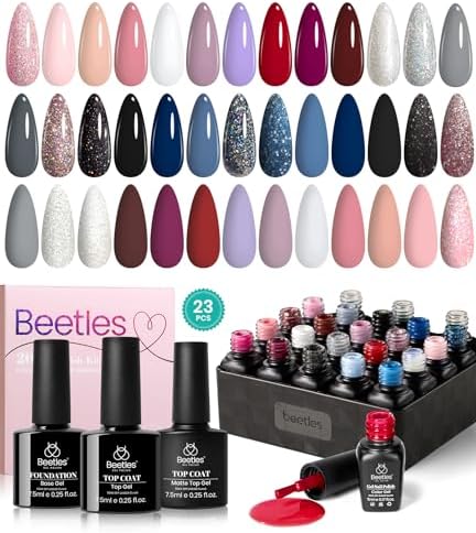 Beetles 23Pcs Gel Nail Polish Set with 3Pcs Base Matte and Glossy Top Coat,Nude Gray Pink Blue Burgundy Glitter Gel Polish Kit Modern Muse Collection, Soak off Uv Gel for Girls Women