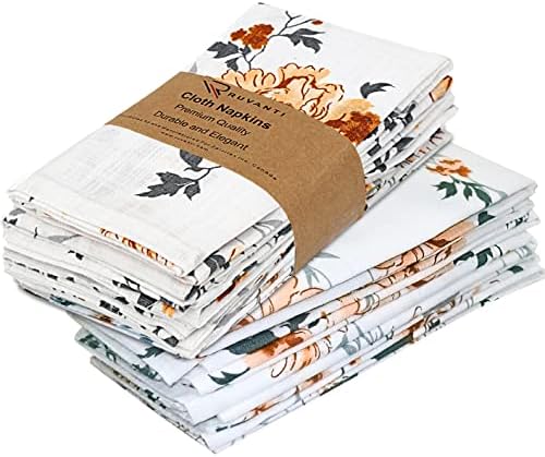 Ruvanti Cloth Napkins set of 12 cotton 100%, 20x20 Inches Napkins Cloth Washable, Soft, Absorbent. Cotton Napkins for Fall, Halloween, Thanksgiving Parties, Wedding, Dinner Napkins Cloth - Grey Floral