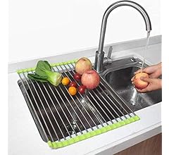 Luximal Stainless Steel Kitchen Organizer Foldable/Roll-Up Over Sink Dish Drainer Drying Rack Utensils Dryer Mat for Fruit …