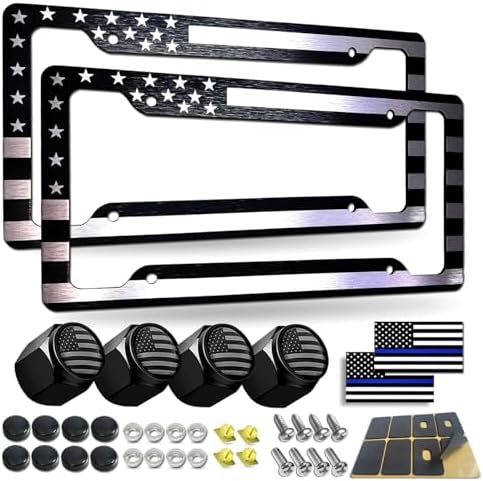 BGGTMO Black American Flag License Plate Frames- 2 Pack Front Rear Patriotic USA Stars and Stripes Aluminum Car Tag Holder Cover with Screws