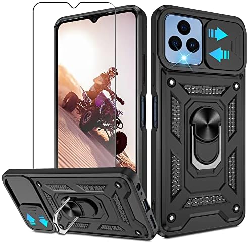 for T-Mobile REVVL 6 5G Case, Revvl 6X 5G Case with HD Screen Protector, 360° Rotation Ring Kickstand [Military Grade] Protective Case, Black