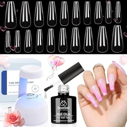 Beetles Gel Nail Kit Easy Nail Extension Set with 500Pcs Nail Tips Coffin Shape 5 In 1 Nail Glue Base Gel and Innovative Led Lamp Easy Diy Nails Art Home Gelly Tips