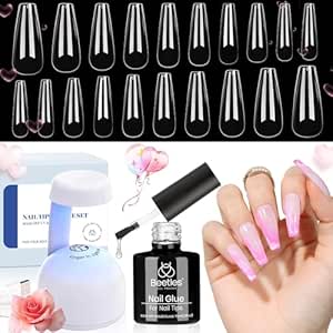 Beetles Gel Nail Kit Easy Nail Extension Set with 500Pcs Nail Tips Coffin Shape 5 In 1 Nail Glue Base Gel and Innovative Led Lamp Easy Diy Nails Art Home Gelly Tips