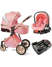 Baby Stroller Travel System Combo Set, Infant High Landscape Pram, Foldable Reversible Portable Standard Stroller, Newborn Pushchair Buggy, Reclining Baby Carriage (Pink with Base, 3 in 1 with Base)