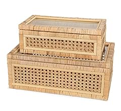 Handwoven Boho Rattan Display Boxes with Glass Lids - Set of 2 Rectangular Decorative Storage Bins - Natural Woven Cane Hom…