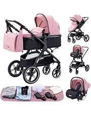 YAZOCO carrito bebe 3 en 1 Cochecito de Bebé Combinado Compacto Todoterreno Lujoso Paisaje Alto Cuatro Veces 0-36 Kg Sillas de paseo BastóN Plegable Accesorios CóModos (1 Rosa)