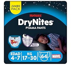 Huggies DryNites Pañales para niño 4-7 (17-30 kg), Clínicamente probado con 5 capas de protección nocturna, 4 packs de 16, …