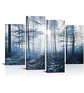 RyounoArt Blue Forest Canvas Wall Art Foggy Tree Picture Painting Blue Nature Prints for Home Wal...