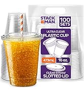 [100 Sets - 16 oz.] Clear Plastic Cups with Straw Slot Lid, PET Crystal Clear Disposable 16oz