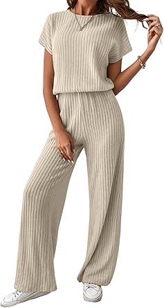 Happy Sailed Jumpsuits for Women Casual Ribbed Crewneck Short Sleeve Long Rompers Elastic High Waist Wide Leg Long Pants Outfits Fashion 2024 Apricot X-Large