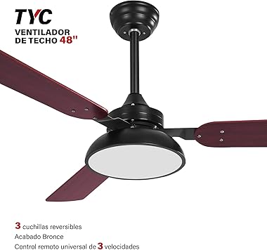 TYC Ventilador de Techo, Ventiladores con Luz para Interiores, Control de velocidad de 6 velocidades con control remoto, 3 As