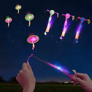 lpvoqpth 25 Sets LED Flying Set, 25 Slingshot+25 Glow Helicopter-50 Pcs, Flying Toy Outdoor Toys Glow in The Dark Party Su...