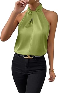 SweatyRocks Womens Elegant Twist Front Halter Sleeveless Satin Blouse Keyhole Back Tank Top