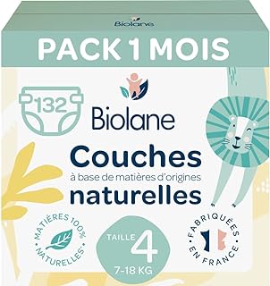 BIOLANE - Couches Taille 4 (7 - 18 kg) - Peaux Sensibles - Ultra-Absorbant, Pas de Fuite, 12h au Sec - Pack 1 mois 132 cou...