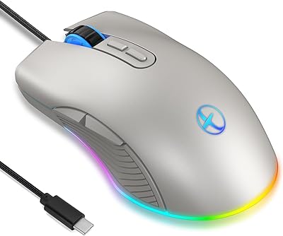 HXMJ RGB LED Gaming Mice,Wired USB C Port for MacBook,Computer or Laptops with Type C Port-Light Gray