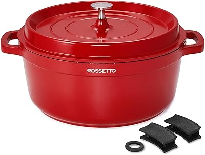 ROSSETTO 6QT Dutch Oven Pot with Lid, Ceramic Dutch Oven with Silicone Assist Handle Holder, Dishwasher Safe, Oven Safe, Non-Stick & Non-Toxic Bread Dutch Oven for Baking, Brasing, Soups, Red