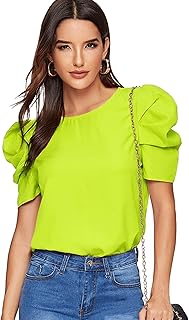 Floerns Women's Round Neck Short Puff Sleeve Keyhole Back Blouse Tops