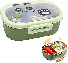 DAWRIS Roestvrijstalen broodtrommel voor kinderen, met 2 vakken, lunchbox Bento Box met panda-motief, lunchbox met scheidi...