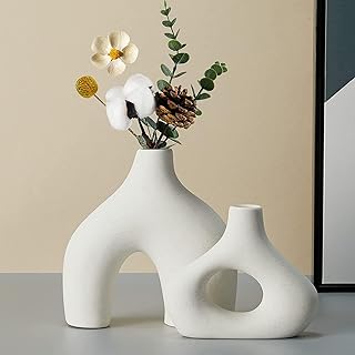 CEMABT Witte keramische vaas, set van 2 dubbele vazen voor moderne boho, Nordic minimalistische stijl, decoratie, vazen vo...