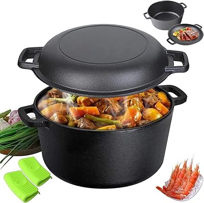 AHILAX Horno Holandés Hierro Fundido Sartén & Olla Multiusos 2 en 1, Olla Holandesa Redonda Doble Función Horno, Dutch Oven Cacerola Tapa de Sartén con Asa para Pan Cocinar Hornear, Diámetro 26cm 4.7L