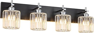 HUOKU Modern Crystal Bathroom Vanity Lights, Black Chrome 4-Lights Bathroom Lighting Fixtures Over Mirror, Crystal Wall Lighting with Round Shade