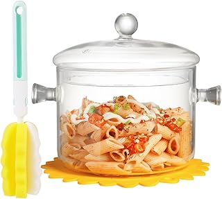 Clear Glass Cooking Pot With Lid And Brush And Silicone Hot Pads On Stove - 2L(68oz) Borosilicate Glass Simmer Pot And Pan...