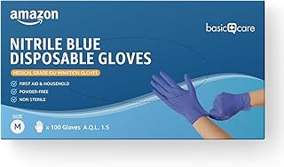 Amazon Basic Care Guantes desechables de nitrilo azul, Sin empolvar, Talla M, 100 Unidad (Anteriormente Marca Hevea)