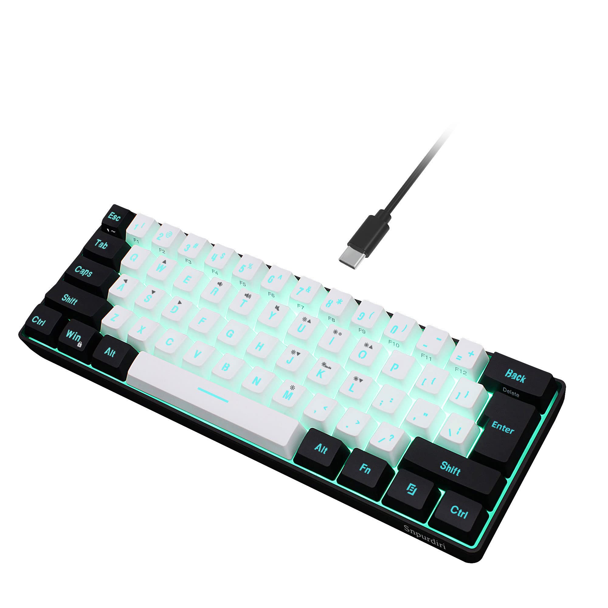 Snpurdiri 60% Wired Gaming Keyboard, RGB Backlit Ultra-Compact Mini Keyboard, Waterproof Small Compact 61 Keys Keyboard for PC/Mac Gamer, Typist, Travel, Easy to Carry on Business Trip(Black-White)