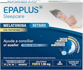 EPAPLUS Sleepcare, Melatonina Retard con Triptófano, Melatonina de Liberación Prolongada 8 Horas, Dormir Rápidamente,60 Co...