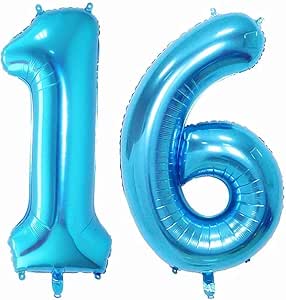 KEYYOOMY Large Number 16 Balloons Blue Jumbo Foil Mylar Number balloons For Sweet 16 Birthday Party Decorations