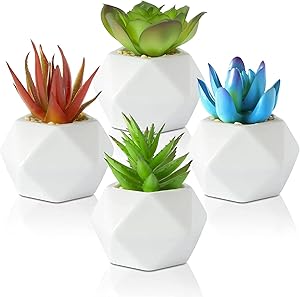 Premium Succulents Plants Artificial in Pots – Pack of 4 Ceramic Potted Fake Desk Plants - Mini Faux Succulents in Pots for Bedroom, Kitchen and Bathroom - Office Decorations for Women Indoor Outdoor