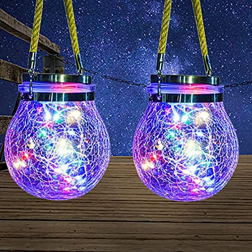 XVZ Hanging Solar Lights Outdoor, 2 Pack 30 LED Solar Cracked Globe Lights,IP65 Waterproof Solar Glass Ball Decorative Lanterns for Garden Fence Patio Wedding Halloween Christmas-Multicolor