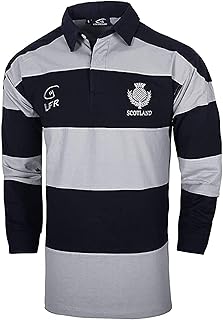 LIVE FOR RUGBY Men Scotland 100% Cotton Long Sleeved Striped Rugby Shirt with Hidden Button, Navy Grey Color