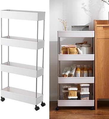 4 Tier Slim Rolling Storage Cart with Wheels, Plastic Slide Out Mobile Shelving Shelves Unit Bathroom Organizer, Small Narrow Space Rolling Rack for Kitchen Bedroom Office Laundry Room (White)