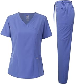 Dagacci Medical Uniform Women's Scrub Set 4-Way Stretch Y-Neck Stitch Tape Top and Pants