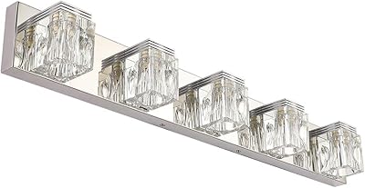 Ralbay LED Modern Bathroom Vanity Lights 5 Lights Crystal Glass Stainless Steel Bathroom Vanity Lights Fixtures Over Mirror LED Modern Crystal Glass Vanity Lights