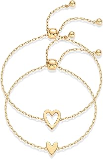 PAVOI 14K Gold Plated Matching Heart Charms Solitaire Bracelet Set for Women | Adjustable Love Friendship Two Bracelet Pack