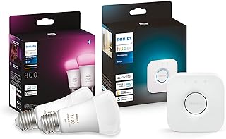 Philips Hue starterkit - wit en gekleurd - 2 lampen - E27-800lm - Inclusief Hue Bridge - Dimbaar - Verbind met Bluetooth o...