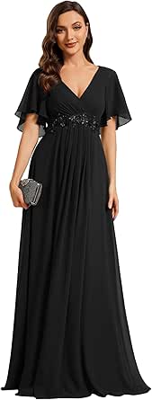 Ever-Pretty Women&#39;s Chiffon A-Line Ruched Short Sleeves Applique Waist V Neck Mother of The Bride Dresses