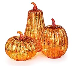 KI Store Glass Pumpkin with Lights and Timer Set of 3 Lighted Mercury Glass Pumpkins for Fall Halloween Thanksgiving Decora…