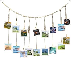 Hanging Photo Display with 18 Wood Clips, 43.3 Inches Long Double Layer Photo Holder with Wooden Beads, Boys Girls Room Wall Decor Picture Frame Collage Board for Office Dorm Home Bedroom Classroom