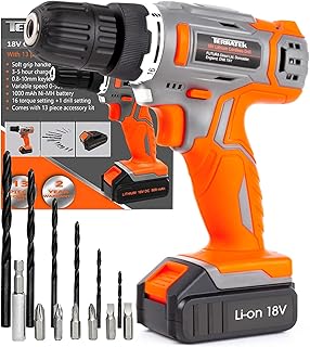 Terratek Cordless Drill Driver 18V Lithium-Ion, 13Pc Electric Screwdriver Set, LED Work Light, Electric Drill Quick Change...