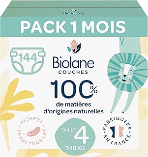 BIOLANE - Couches Taille 4 - (7-18 kg) - Peaux Sensibles - Ultra-Absorbant, Pas de Fuite, 12h au Sec - Pack 1 mois 144 cou...