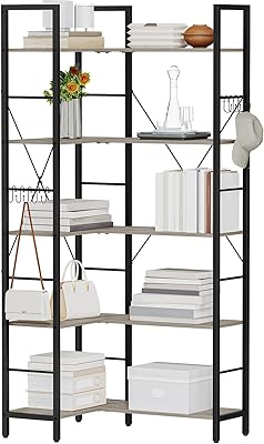 Hzuaneri - Estantería esquinera, estantería industrial Etagere, estantería moderna alta, estante de almacenamiento no empotrado para recámara, sala de estar, oficina en casa, 5 niveles, Greige