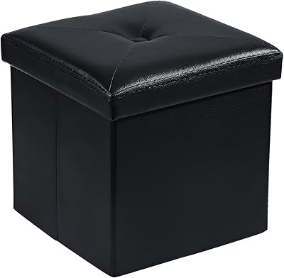 VECELO Storage Ottoman, Footrest Footstool, 11.8'' Folding Ottoman Small Square Cube Storage Chest for Living Room Utility Room Entryway, Holds up to 176 lb, Easy to Assemble, Black