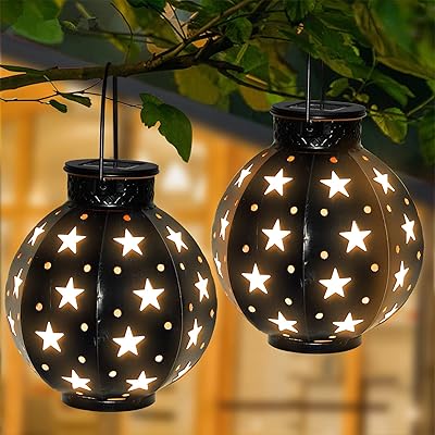 Maggift 2 Pack Star Solar Lantern Solar Powered Decorative Hanging lights for Indoor Outdoor Halloween Christmas Garden Patio Yard Holiday Party