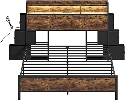 HAUSOURCE Queen Bed Frame with Bookcase Headboard and 6 Headboard Storage Drawers LED Lights Metal Platform Non-Slip Without Noise Metal Slats Support No Box Spring Needed