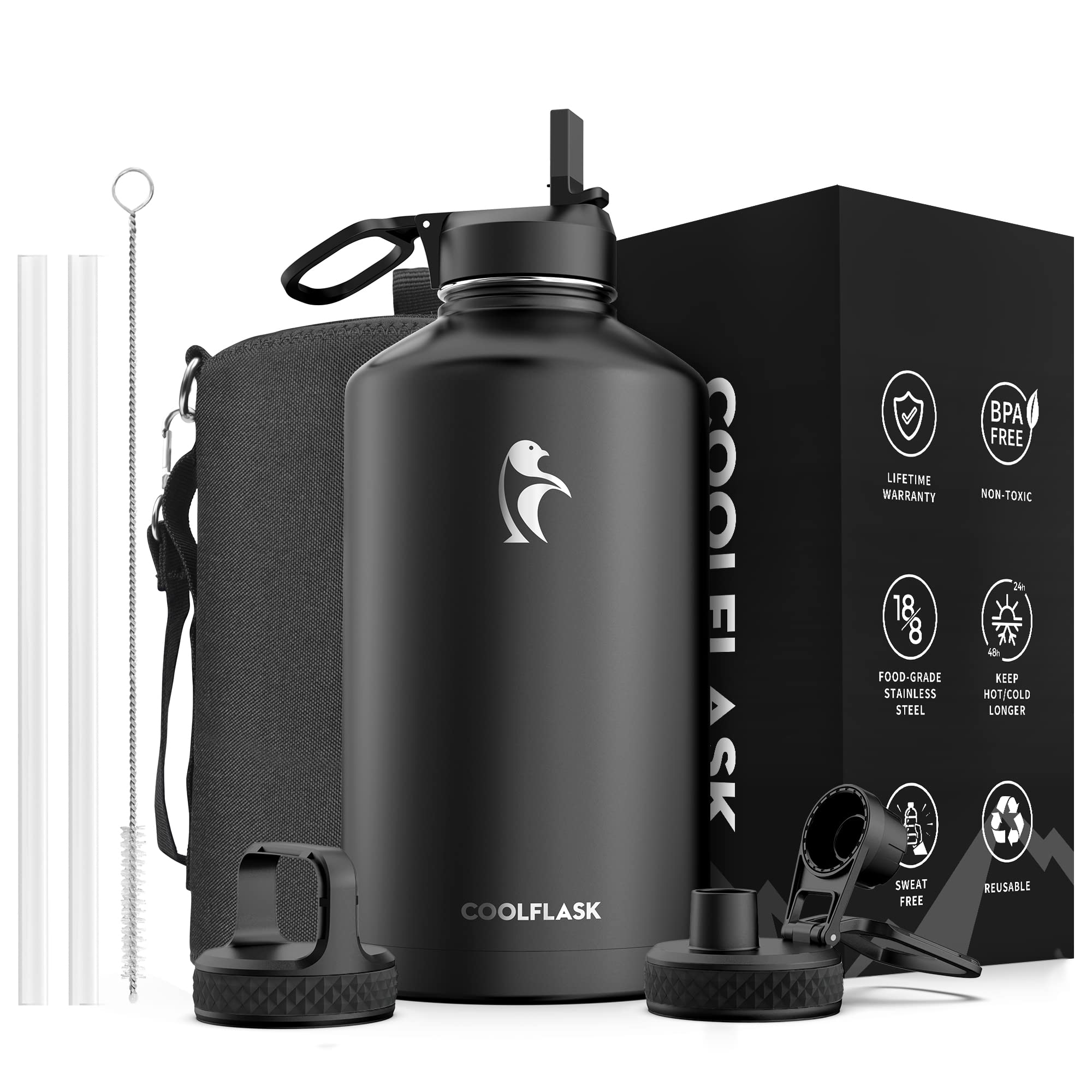 Photo 1 of Coolflask Gallon Water Bottle Insulated with Straw&3 Lids, 128 oz Water Jug Large Stainless Steel Metal Vacuum Wide Mouth for Sports, Gym or Office, BPA-Free Keep Cold 48H Hot 24H, Magic Black 128 oz Magic Black