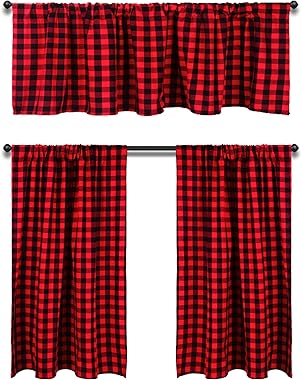 HTFDStar - Juego de cortinas con cenefa de algodón, 3 piezas, cortinas de cocina de granja, 58 x 15 L, 29 x 36 pulgadas de la