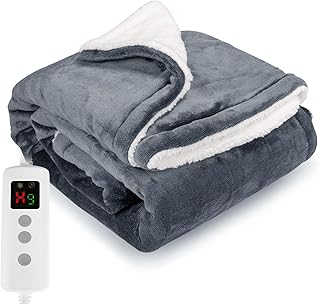 PROALLER Couverture Chauffante 180x130 CM, Double Flanelle Polaire Sherpa Lavable en Machine, Minuterie 9h et 10 Réglages ...